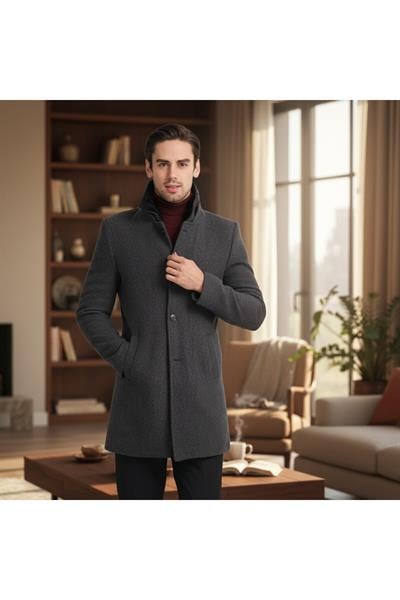Desenli Regular Fit Erkek Kaşe Kaban Çok Kalın Çıkma Fermuarlı İçi İnce Kürklü