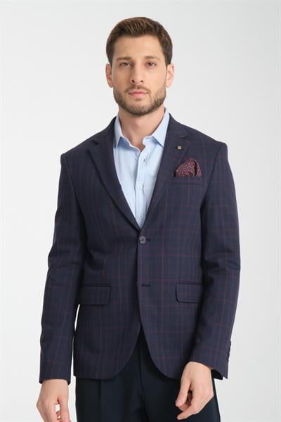 Diegos Erkek Lacivert Ekose Slim Fit Mono Yaka Spor Blazer