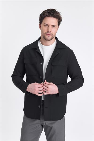 Dolex Erkek Siyah Diağonel Likralı Kumaşlı Overshirt Spor Ceket