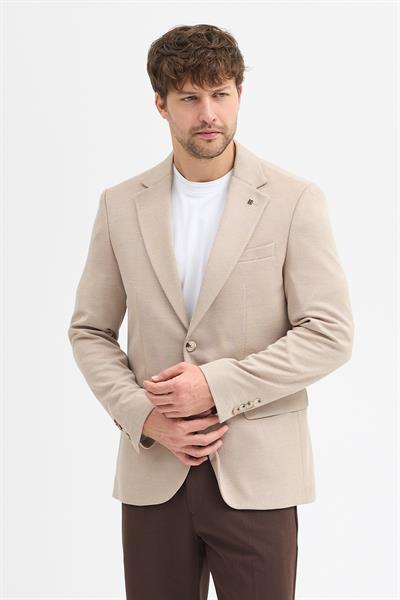 Dorra Erkek Bej Pamuk Karışımlı Esnek Kumaşlı Armürlü Mono Yaka Spor Slim Fit Blazer Ceket