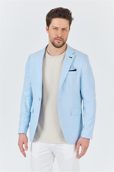 Dozari Dirsekli Erkek Buz Mavi Keten Karışımlı Slim Fit İlkbahar-Yazlık Spor Blazer Ceket