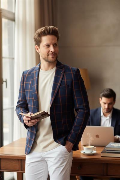 Drive Erkek Lacivert-Kiremit Ekose Kareli Poliviskon Kumaş Slim Fit Spor Blazer Ceket