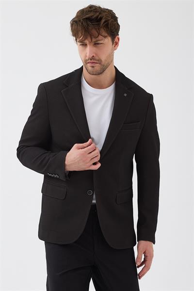 Druso Erkek Koyu Kahve Esneyen Poliviskon Kumaşlı Tam Astarlı Slim Fit Mono Yaka Spor Blazer Ceket