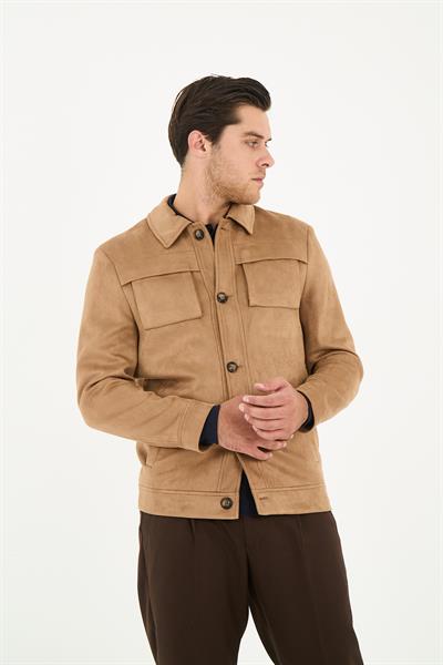 Dügmeli Spor Erkek Slim Fit Süet Trençkot-Mont