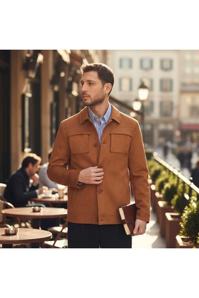 Dügmeli Spor Erkek Slim Fit Süet Trençkot-Mont