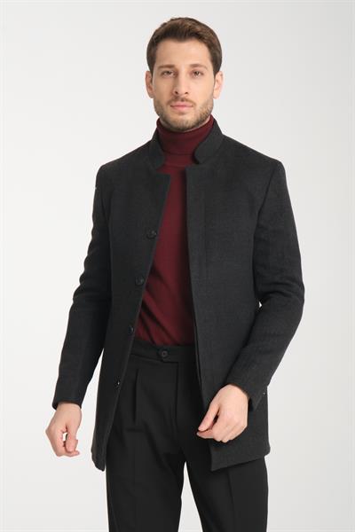 Düz Erkek Regular Fit Dik Yaka Kaşe Kaban