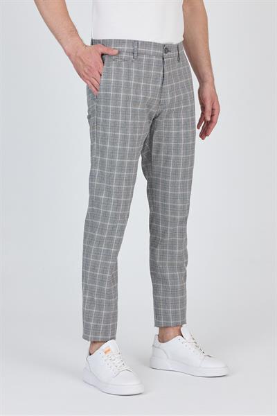 Ecmio Erkek Gri Ekose Keten Görünümlü İnce İlkbahar-Yaz Slim Fit Pantalon