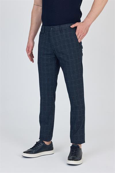 Ecmio Erkek Koyu Lacivert Ekose Keten Görünümlü İnce İlkbahar-Yaz Slim Fit Pantalon