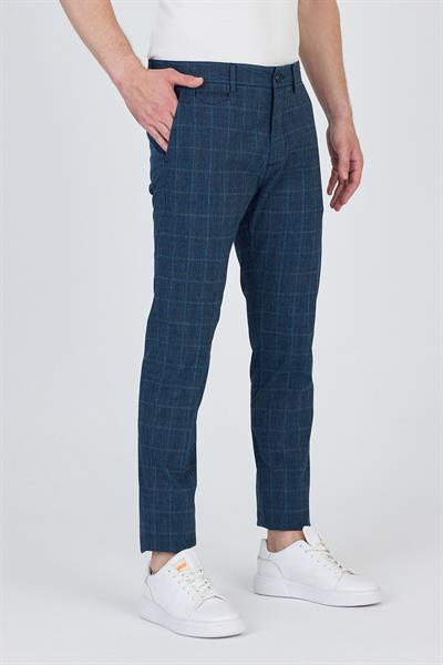 Ecmio Erkek Lacivert Ekose Keten Görünümlü İnce İlkbahar-Yaz Slim Fit Pantalon
