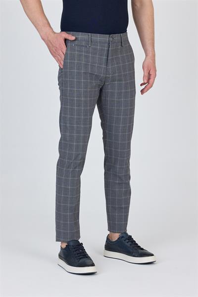 Ecmio Erkek Navy Ekose Keten Görünümlü İnce İlkbahar-Yaz Slim Fit Pantalon