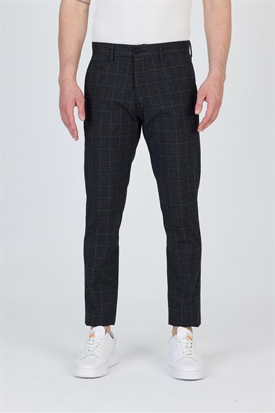 Ecmio Erkek Siyah Ekose Keten Görünümlü İnce İlkbahar-Yaz Slim Fit Pantalon