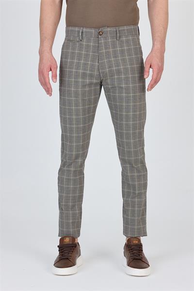 Ecmio Erkek Vizon Ekose Keten Görünümlü İnce İlkbahar-Yaz Slim Fit Pantalon