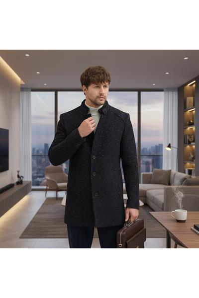 Edvino Erkek Kahve-Lacivert Kalın Dik Yaka Slim Fit Kaşe Kaban