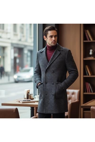Ekose Desenli Erkek Kalın Kaşe Kaban Regular Fit