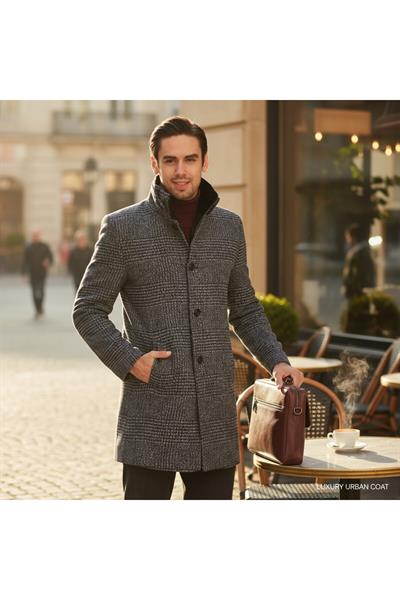 Ekose Desenli Regular Fit Erkek Kaşe Kaban Çok Kalın Çıkma Fermuarlı İçi İnce Kürklü
