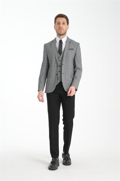 Ekose Desenli Slim Fit Erkek Mono Yaka Çift Yırtmaçlı Astarlı Takim Elbise