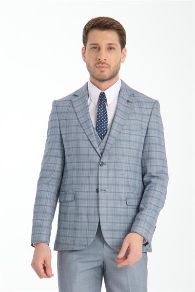 Ekose Desenli Slim Fit Erkek Mono Yaka Çift Yırtmaçlı Astarlı Takim Elbise