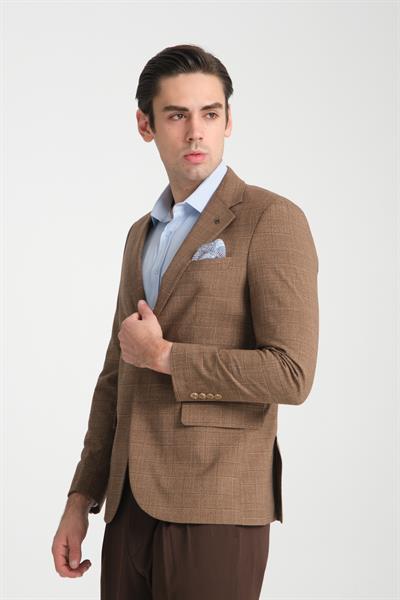 Ekose Desenli Spor Erkek Blazer Mono Yaka Yarım Astar Ceket