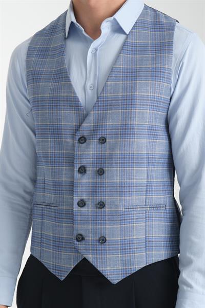 Ekose Desenli V Yaka Kruvaze Yelek Slim Fit