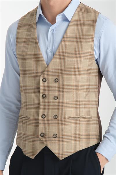 Ekose Desenli V Yaka Kruvaze Yelek Slim Fit
