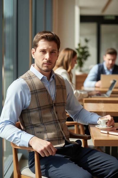 Ekose Desenli V Yaka Yelek Slim Fit