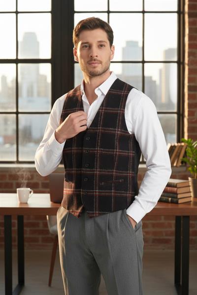 Ekose Desenli V Yaka Yelek Slim Fit