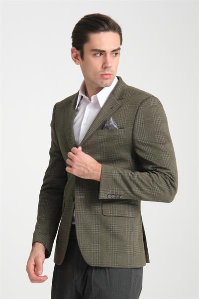 Eleventy Erkek Haki Likralı Pamuk Karışımlı Ekose Desenli Slim Fit Spor Blazer Ceket