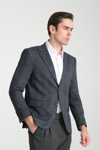 Eleventy Erkek Lacivert Likralı Pamuk Karışımlı Ekose Desenli Slim Fit Spor Blazer Ceket