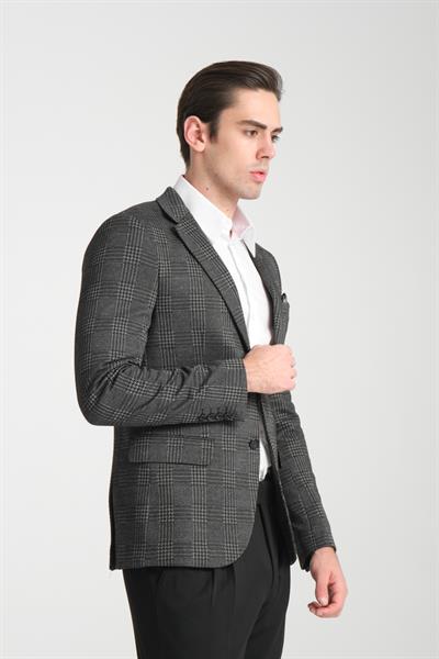 Eleventy Erkek Siyah Likralı Pamuk Karışımlı Ekose Desenli Slim Fit Spor Blazer Ceket