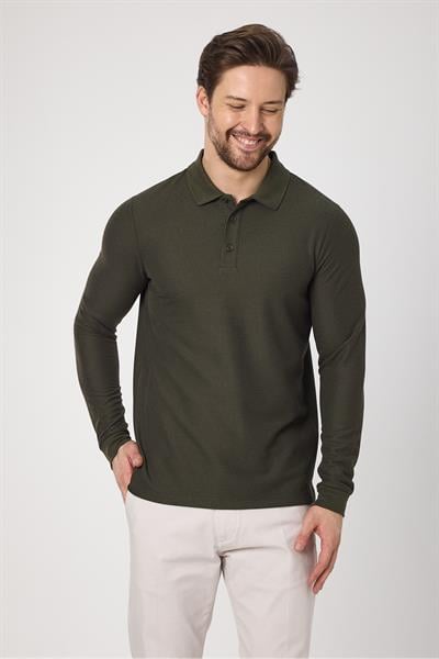 Erkek %100 Pamuk Waffle Çekmeyen Esneyen Kumaş Slim Fit Uzun Kol Polo Tişört