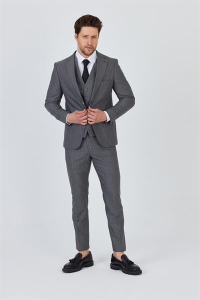 Erkek Açık Gri İtalyan Çizgili Ceket+Pantolon+Yelekli Slim Fit Takim Elbise