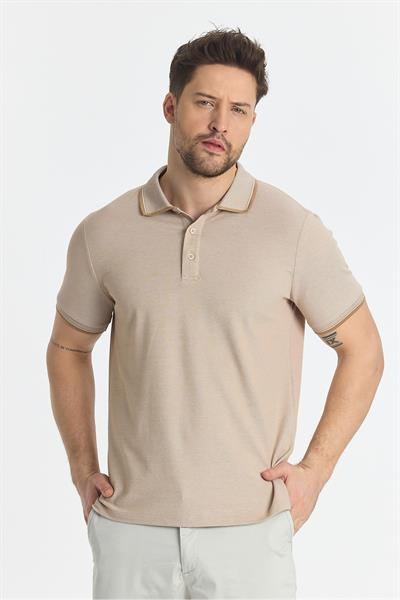 Erkek Çekmeyen 100% Pamuklu Kumaş Slim Fit Dar Kesim Bej Kıvrılmaz Polo Yaka Tişört