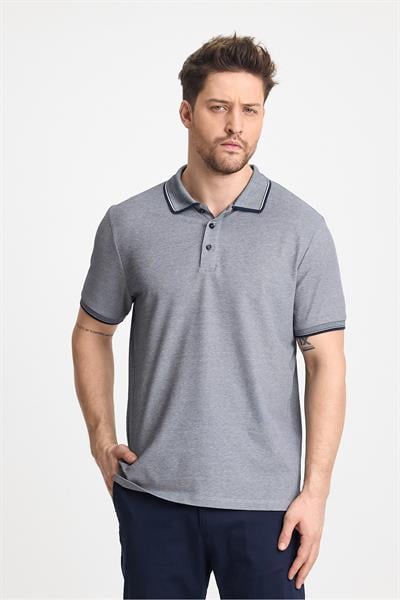 Erkek Çekmeyen 100% Pamuklu Kumaş Slim Fit Dar Kesim Lacivert-beyaz Kıvrılmaz Polo Yaka Tişört