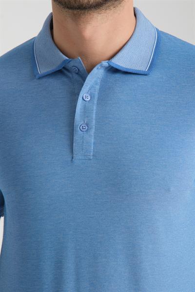 Erkek Çekmeyen 100% Pamuklu Kumaş Slim Fit Dar Kesim Saks-beyaz Kıvrılmaz Polo Yaka Tişört