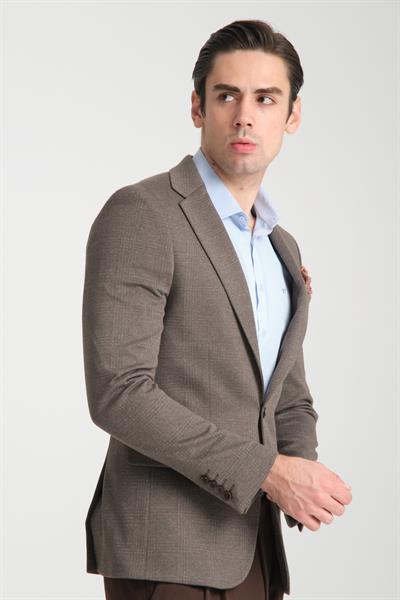 Erkek Ekose 360 Her Yöne Esneyen Slim Fit Dar Kesim Mono Yaka Desenli Blazer Ceket