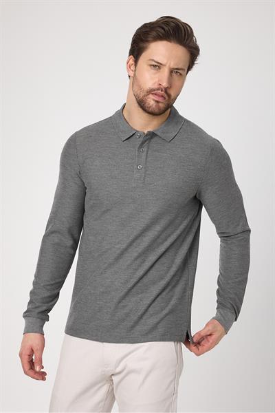 Erkek Gri %100 Pamuk Waffle Çekmeyen Esneyen Kumaş Slim Fit Uzun Kol Polo Tişört