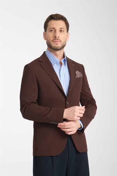 Erkek Kahverengi Esneyen Likralı Kumaşlı Tam Astarlı Slim Fit Mono Yaka Dar Kesim Blazer Ceket