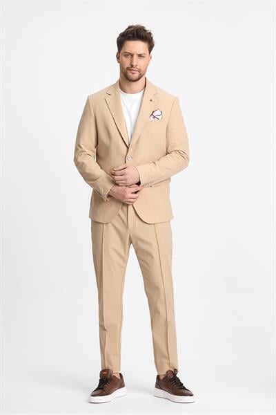 Erkek Koyu Bej Polyamid-Teknik  Esnek Yazlık Serin Tutan Kumaş  Slim Fit  2li Takım Elbise