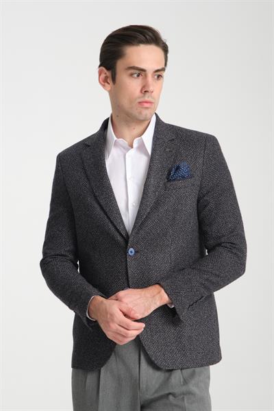 Erkek Koyu Lacivert Slim Fit Dar Kesim Mono Yaka Casual Blazer Ceket