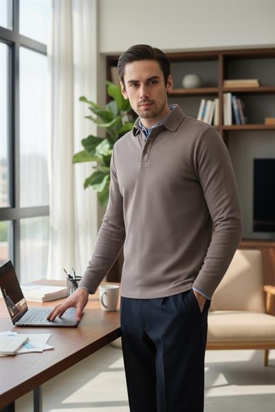 Erkek Regular Fit Polo Yaka Sweatshirt Waffle Desenli Kıvrılmaz Yaka
