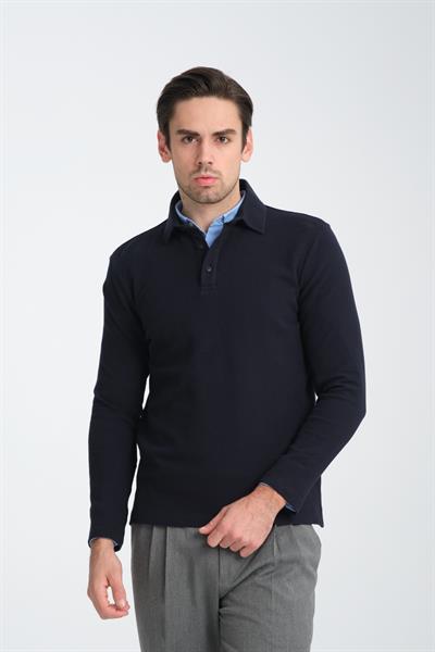 Erkek Regular Fit Polo Yaka Sweatshirt Waffle Desenli Kıvrılmaz Yaka