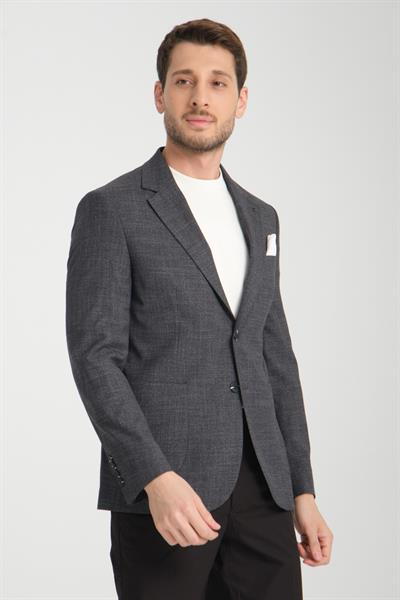 Erkek Siyah Desenli Esneyen Kumaş Slim Fit Torba Cepli Yarım Astar 4 Mevsim Blazer Ceket