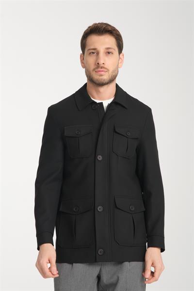 Erkek Slim Fit Kumaş Trençkot Mont Fermuarlı-Düğmeli