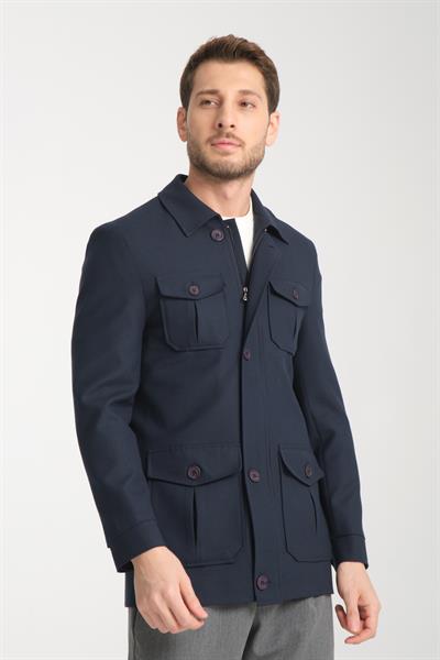 Erkek Slim Fit Kumaş Trençkot Mont Fermuarlı-Düğmeli