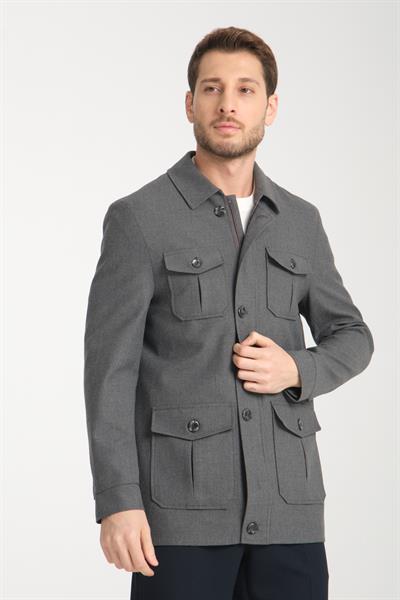 Erkek Slim Fit Kumaş Trençkot Mont Fermuarlı-Düğmeli