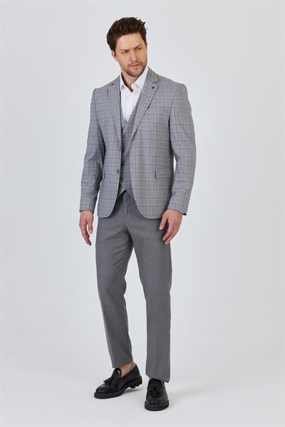 Facune Erkek Açık Gri Ceket+Pantolon+Yelek Çift Yırtmaçlı Slim Fit Takim Elbise