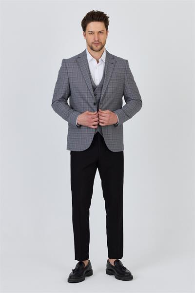Facune Erkek Gri Ceket+Pantolon+Yelek Çift Yırtmaçlı Slim Fit Takim Elbise