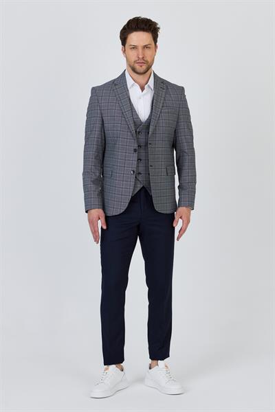 Facune Erkek Koyu Lacivert Ceket+Pantolon+Yelek Çift Yırtmaçlı Slim Fit Takim Elbise