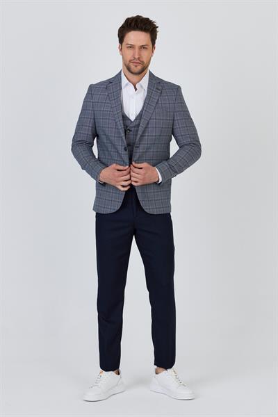 Facune Erkek Lacivert Ceket+Pantolon+Yelek Çift Yırtmaçlı Slim Fit Takim Elbise