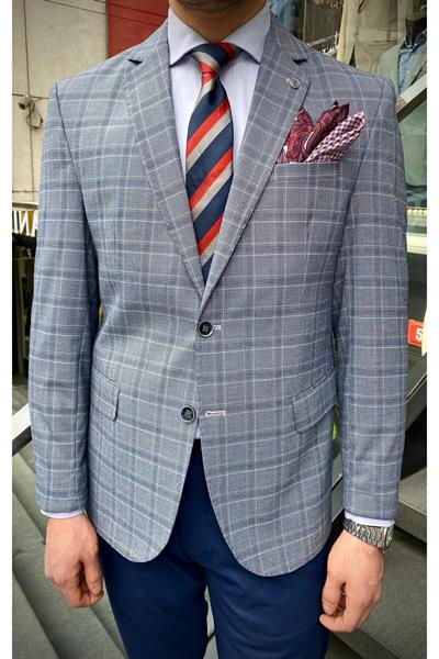 Facune Erkek Lacivert Ekose Kumaşlı Mono Yaka Spor Blazer Ceket